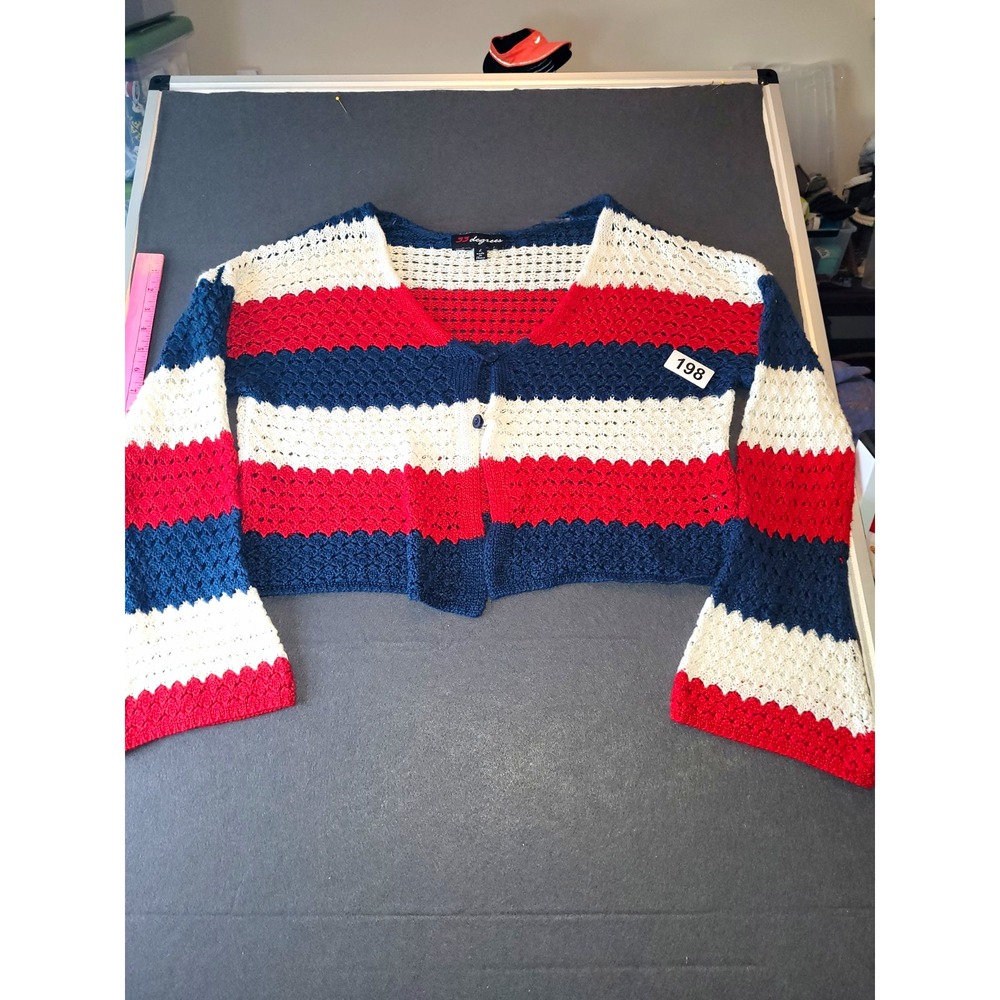 33 Degrees Red White Blue Striped Open-Knit V-Neck Cardigan Womens L